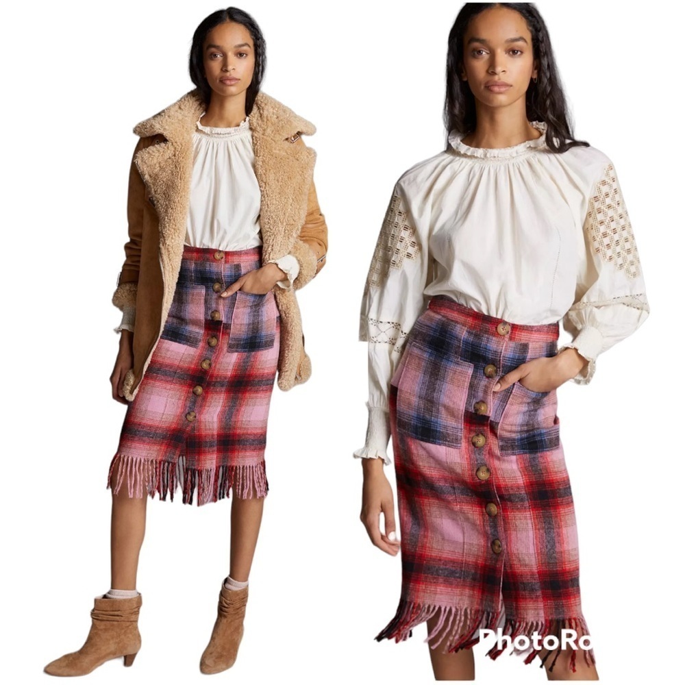 *SOLD*  NEW Anthropologie Maeve Fringed Plaid Midi Skirt Fall Size US 6 (NWOT)